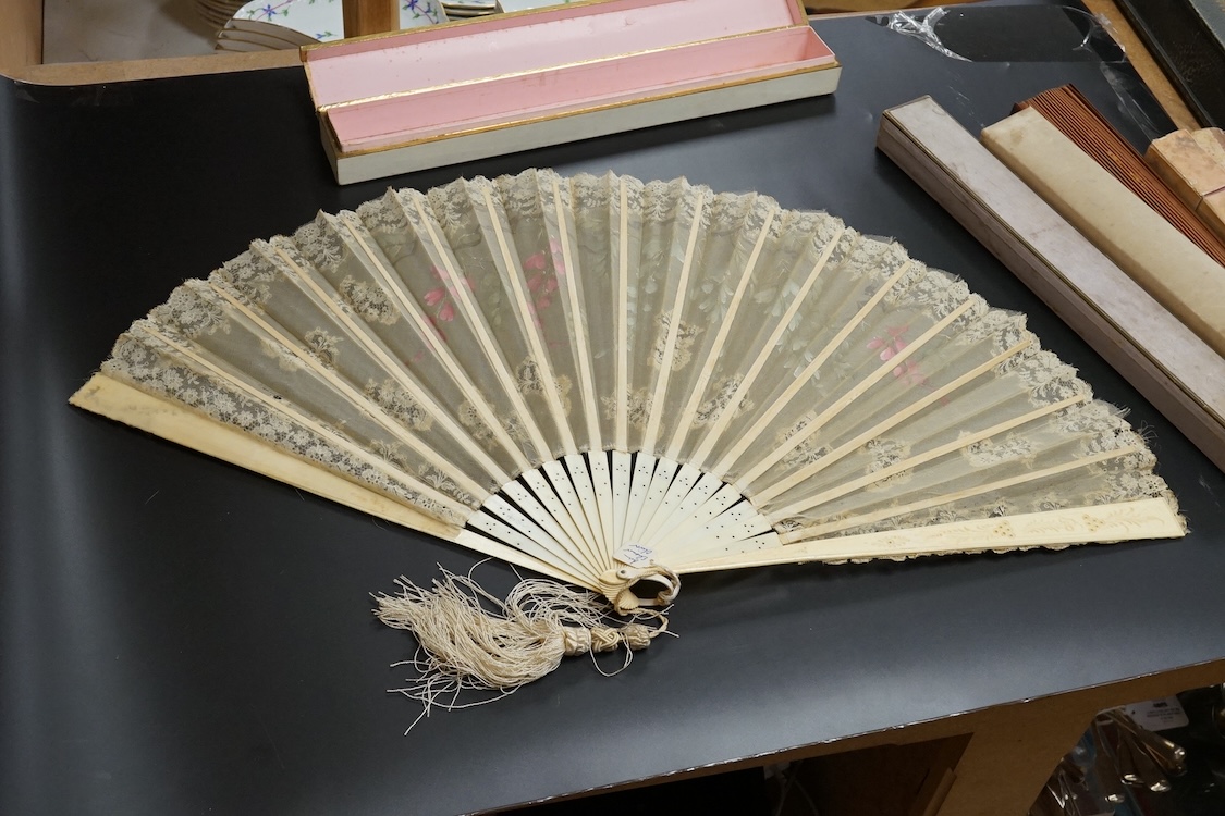 A group of 19th century fans to include a blonde tortoiseshell brisé fan, gilt decorated with sequins and a floral hand painted with figures with sequins decoration, some boxed, tortoiseshell fan 19cm high largest 36cm h